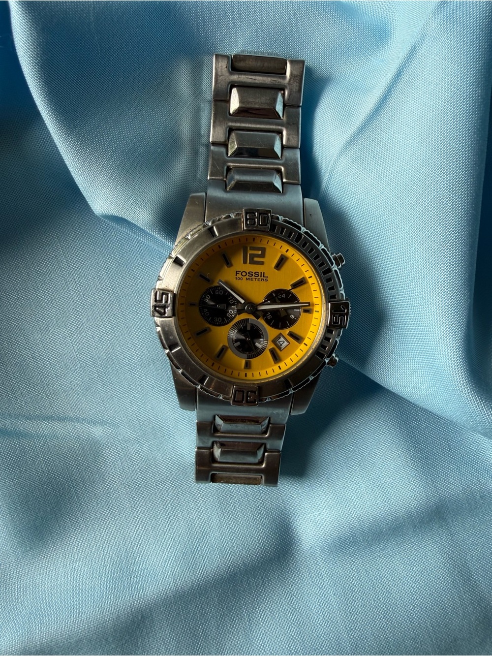 Fossil Silver Stainless Steel Watch with Yellow Dial